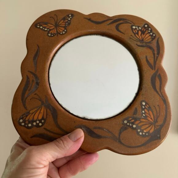 Vintage Wall Mirror pottery clay butterflies Heavy Stoneware Clay brown 9” hang - Picture 13 of 16